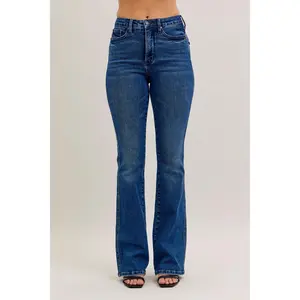 Judy Blue High Waist Tummy Control Bootcut Jeans for Women, Comfortable Fitted Stretch Denim with Embroidered Pockets & Customized Inseam