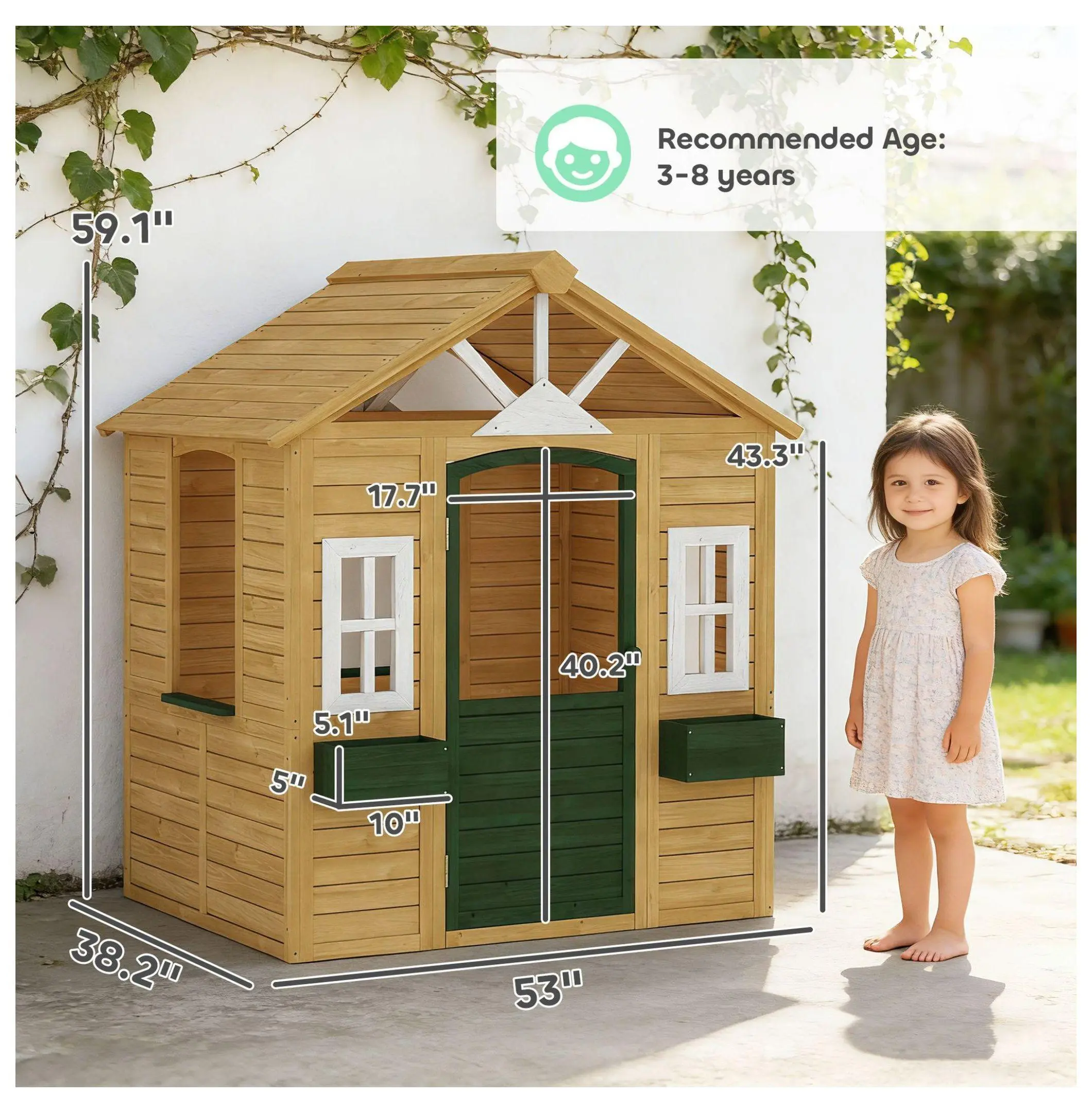 Outdoor Playhouse Wooden Play House, 3 Windows & Flower Boxes for Kids, Garden Backyard Play, Ages 3-8, Brown