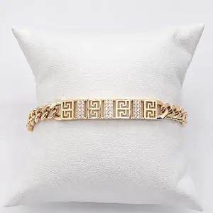 14K Gold-Plated Greek Key Cuban Link Bracelet | CZ Accent Bracelet | 7.5" inch length