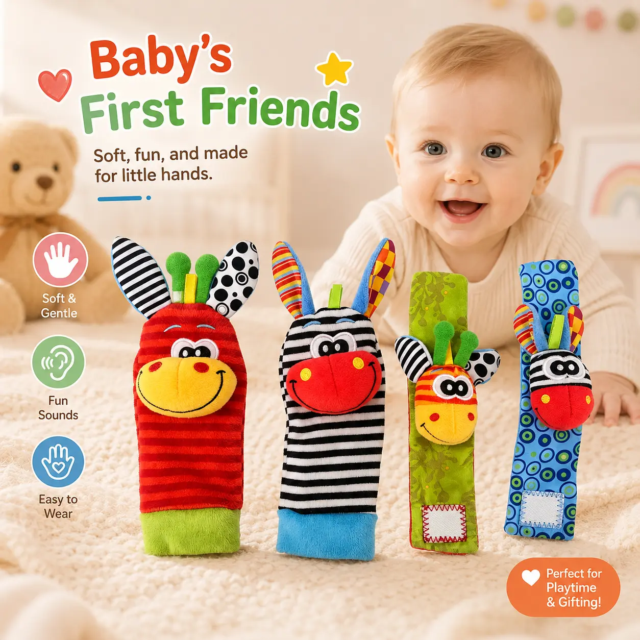 Baby Rattle Toy Set with Wristband, Rattle Socks - Unisex Baby Sound Toys for 0-12 Months Newborns, 3-6 Months Toddlers, Christmas Gifts
