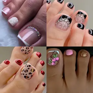 4 Boxes (96 Pieces), Short Rounded Square Press On Toenails, Combination Set For Spring And Summer, Pedicure Nail Art Full Cover False Toenails For Women
