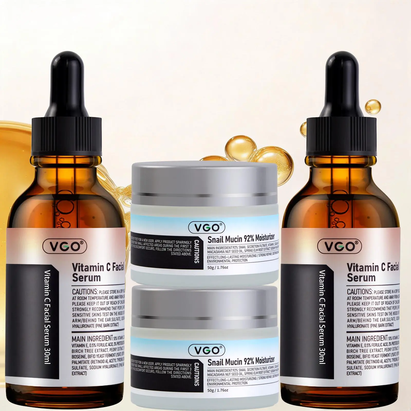 VGO Glow-Boosting Skincare Set - Vitamin C Facial Serum, Essential Oil, 92% Snail Mucin Hydrating Moisturizer Cream, Daily Acne Care, Skin Repair, Targets Dullness, Soothes Post-Sun Irritation, Gentle for Sensitive Skin [Buy 2 Get 2 Free], Hydrate, Vc Ser