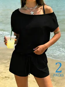 Women Off-Shoulder T-Shirt & Striped Drawstring Shorts Two-Piece Set (2 Packs), Casual Vacation Style, Lightweight Breathable Fabric, Perfect for Beach Trips, Daily Outings & Loungewear