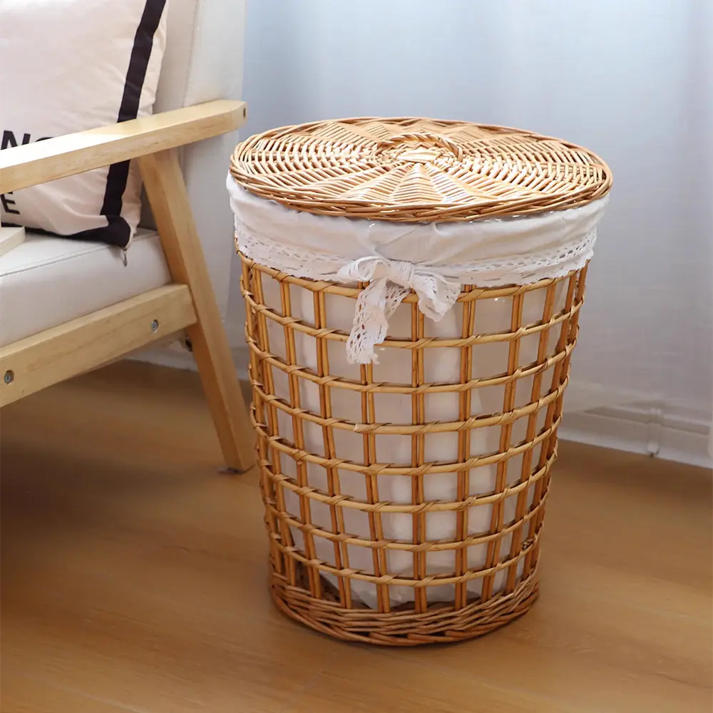 Wicker storage basket hollow dirty clothes basket with lid pastoral rattan hot pot restaurant with high-end dirty clothes storage basket