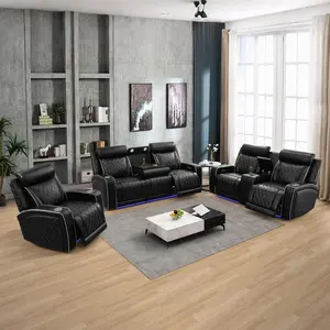 3-Piece Summervibes Black Breathable Leather Functional Indoor Sofa Set, Living Room Loveseat Sofa with Leatherette Design Modern Sofas Set Modern Upholstered Couches