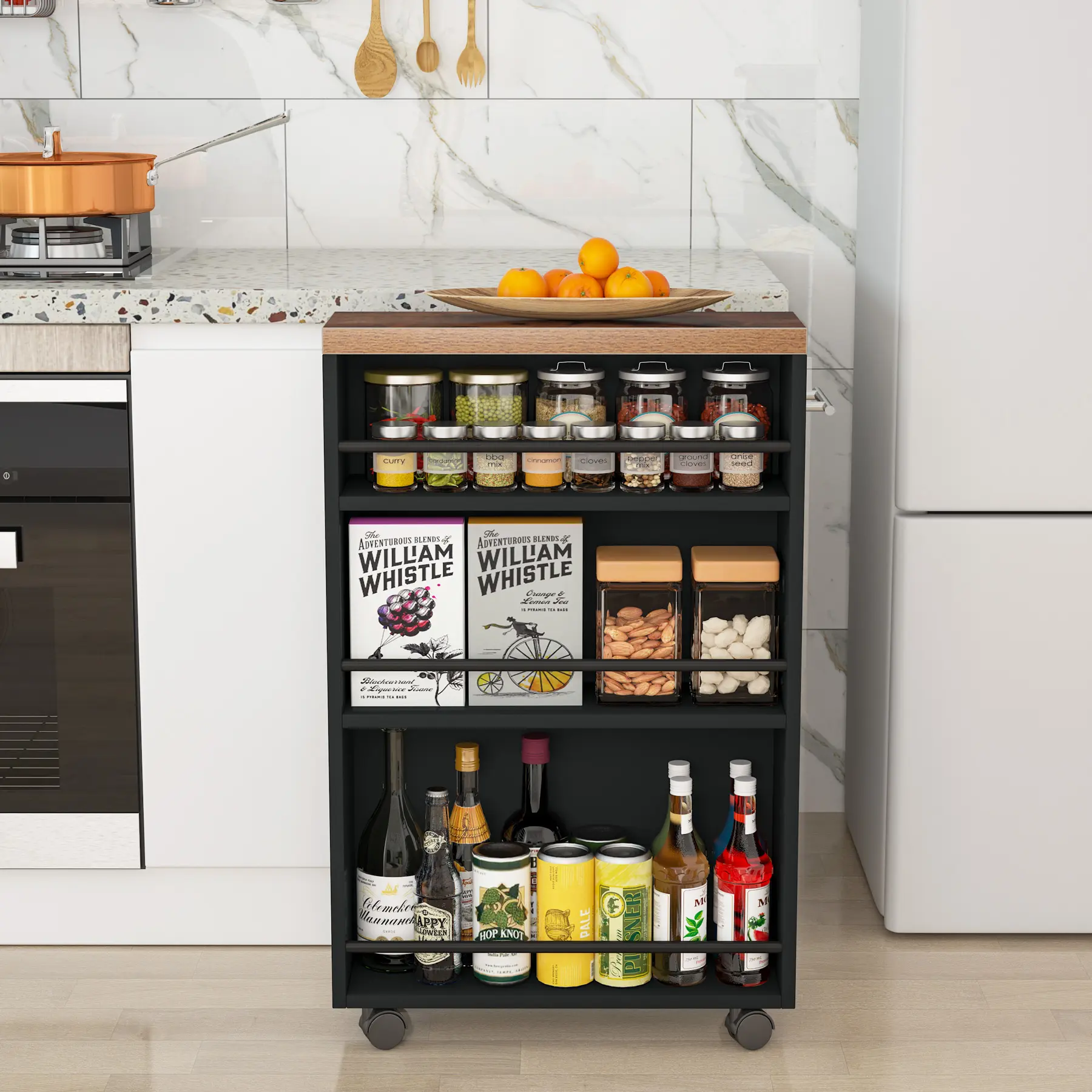 LITTLE TREE Slim Storage Cart, Rolling Narrow Kitchen Cart on Wheels for Small Place, 4-Tier Slide Out Slim Utility Cart Skinny Laundry Cart with Handle for Kitchen, Bathroom, Laundry
