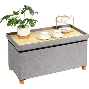 Ottoman with Storage Coffee Table, Grey Footrest-Stool Linen Chest with Tray, Large Storage Bench Foot Rest Ottoman for Bedroom End of Bed, Living Room, Hallway, 30"x 15"x 15"