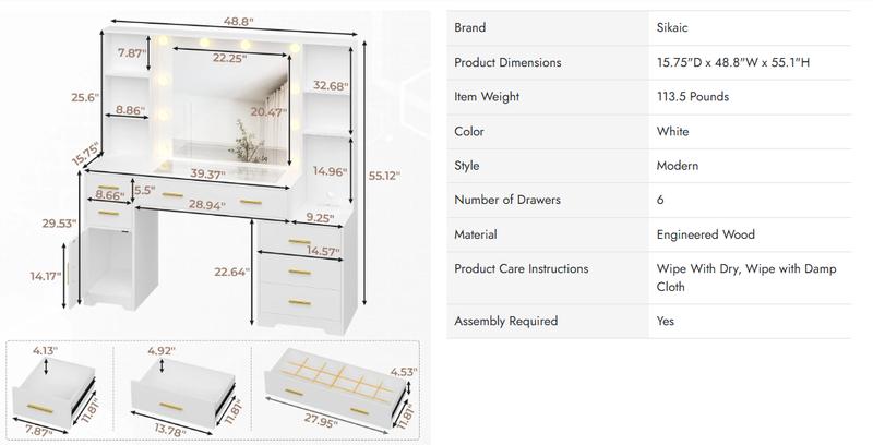 Sikaic Modern Design 48.8 Inches Large Makeup Vanity Desk with Drawer Lighted Mirror & Aesthetic Glass Tabletop Home Organizing Interior