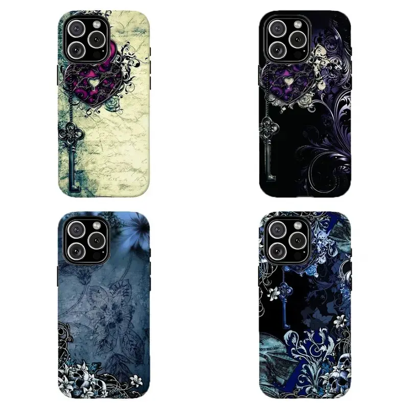 Flat 2D Printed Vintage Gothic Heart Lock and Key Tough Phone Case - Aesthetic Dark Romance Whimsigoth Purple & Blue Floral Filigree Protective Cover Pack for iPhone 17 16 15 14 13 12 11 Pro Max Plus