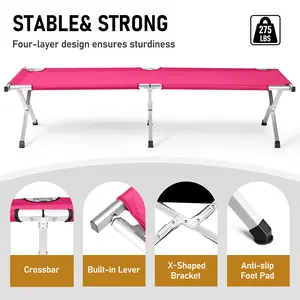 Lightweight Aluminum Foldable Camping Cot, fishing camp bed，Space Saver Portable Outdoor Furniture with Carrying Bag, Blush Pink for Camping, Hiking (Includes Unfolded Size Details)