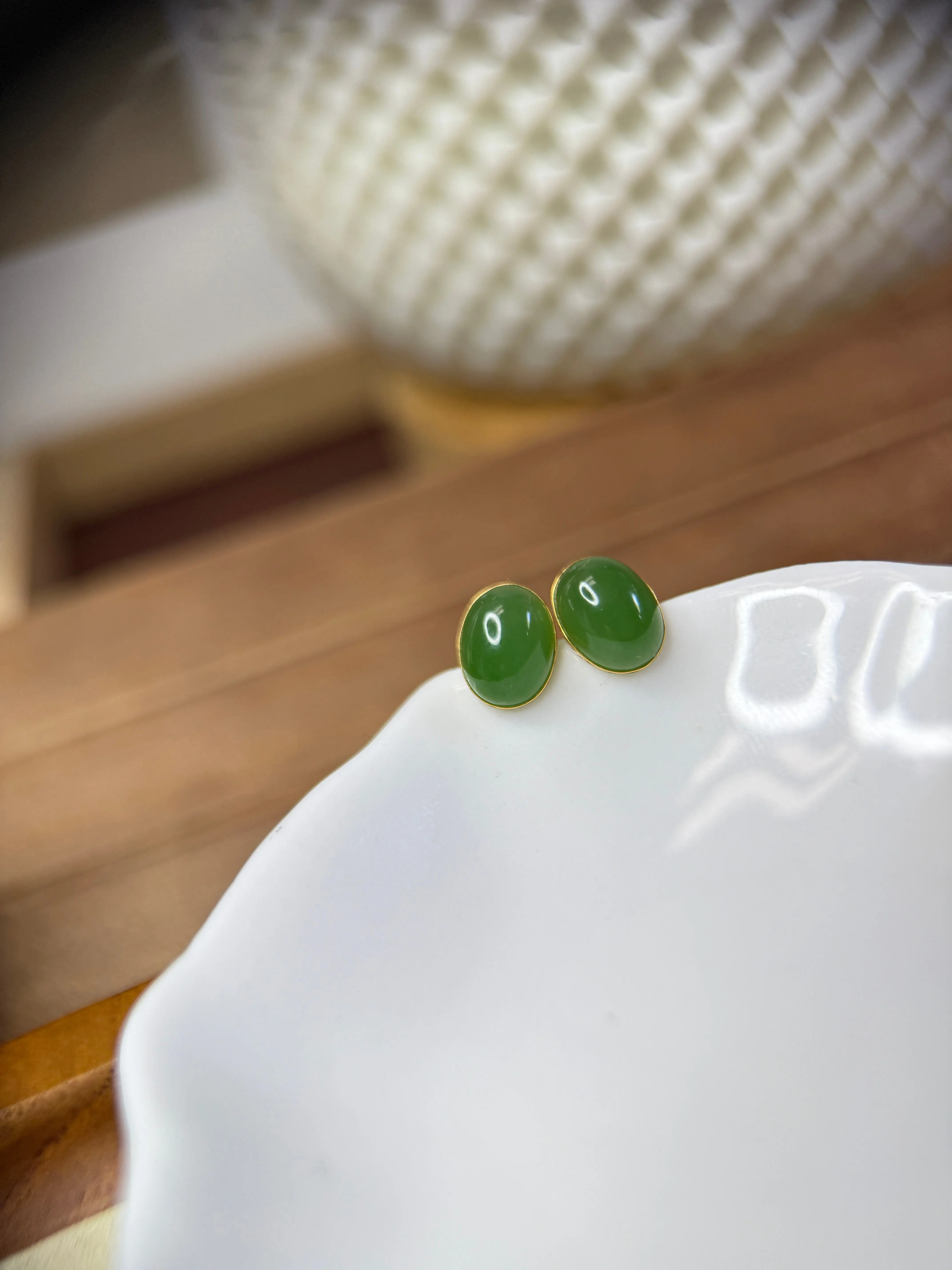 18K Gold Natural Jade Stud Earrings