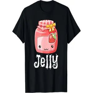 Black Cotton 180g Round Neck Short Sleeve Jelly Print Women's T-Shirt - Cute Strawberry Jam Jar Graphic Tee Casual Summer Fashion