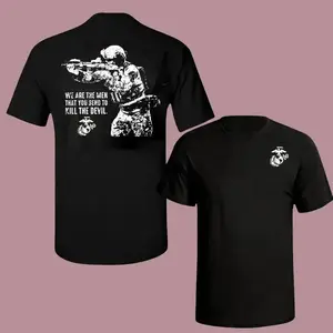 U.S. Marine Corps T-Shirt & Hoodie Bold Soldier with Rifle Graphic and Kill the Devil Quote 2 Sides Soft Cotton Blend Tactical Military Pride Unisex Fit Casual  lsj08