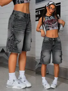 Jean Shorts Women – Y2K Baggy Jorts with Star Patch Design, Vintage Wide Leg Denim Shorts