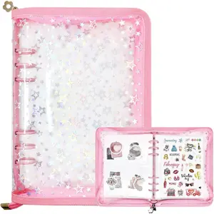 Sticker Storage Organizer Binder A5 Reusable Sticker Collecting Zipper Album with Clear Laser Star Cover and Pocket Pages Pink