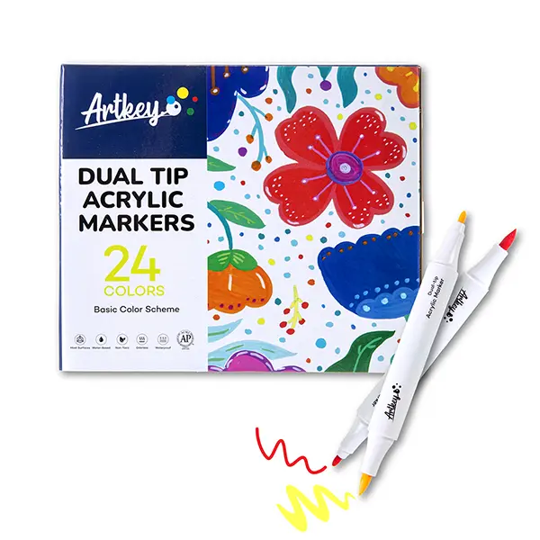 Artkey Acrylic Paint Markers Set, 24-Colors, Dual Tip Paint Pens (Brush & Fine Tip) for Rock Painting, Canvas, Wood, Glass, Ceramic, Fabric & DIY Crafts