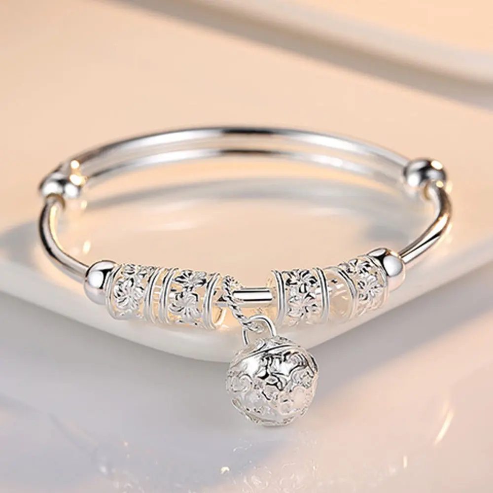 S925 Sterling Silver Bangle Bracelet for Women, Vintage Hollow Filigree with Bell Charm, Adjustable Sliding Fit and Mirror Polish Finish, Anniversary Gift, Friendship Day, Valentine’s Day, Embellished Metallic Bracelets & Bangles, Polished, 6.5Cm, Adjusta