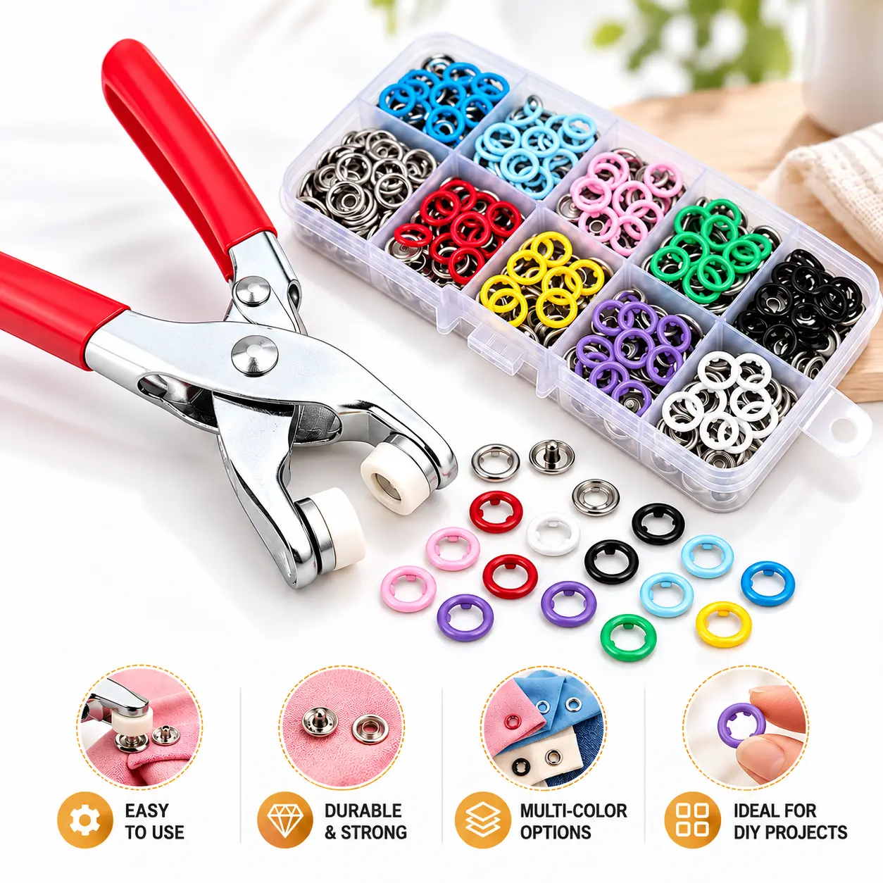 Colorful Snap Buttons for Clothing and Accessories - 10 Assorted Colors, 10 Pieces per Pack, Durable and Easy to Use