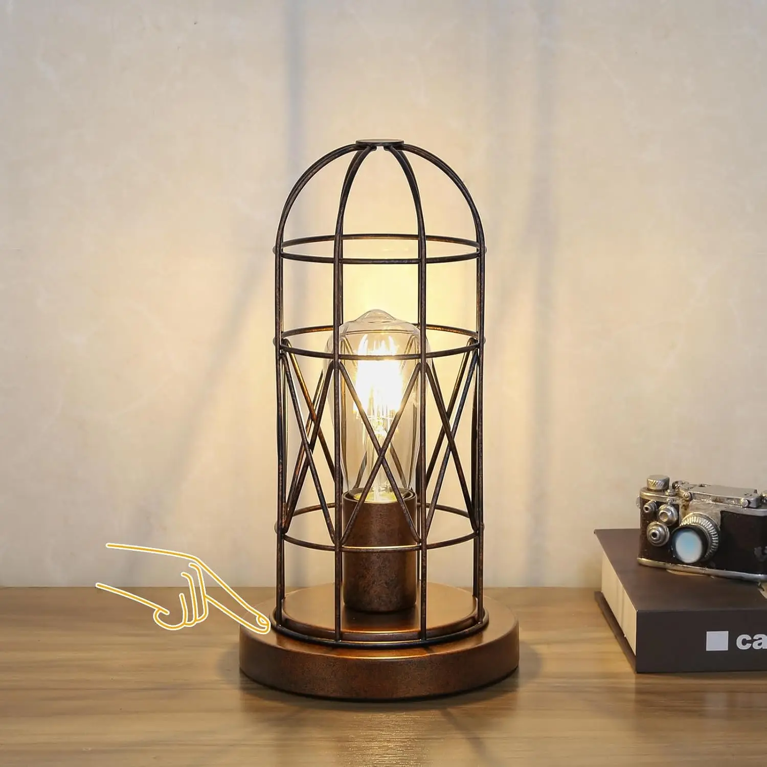 Small Touch Lamp, Industiral Table Lamp with Antique Bronze Cage, 3 Way Dimmable Bedside Lamp  Nightstand Lamp Steampunk Edison Lamp for Bedroom Living Room Kitchen, LED Bulb Included