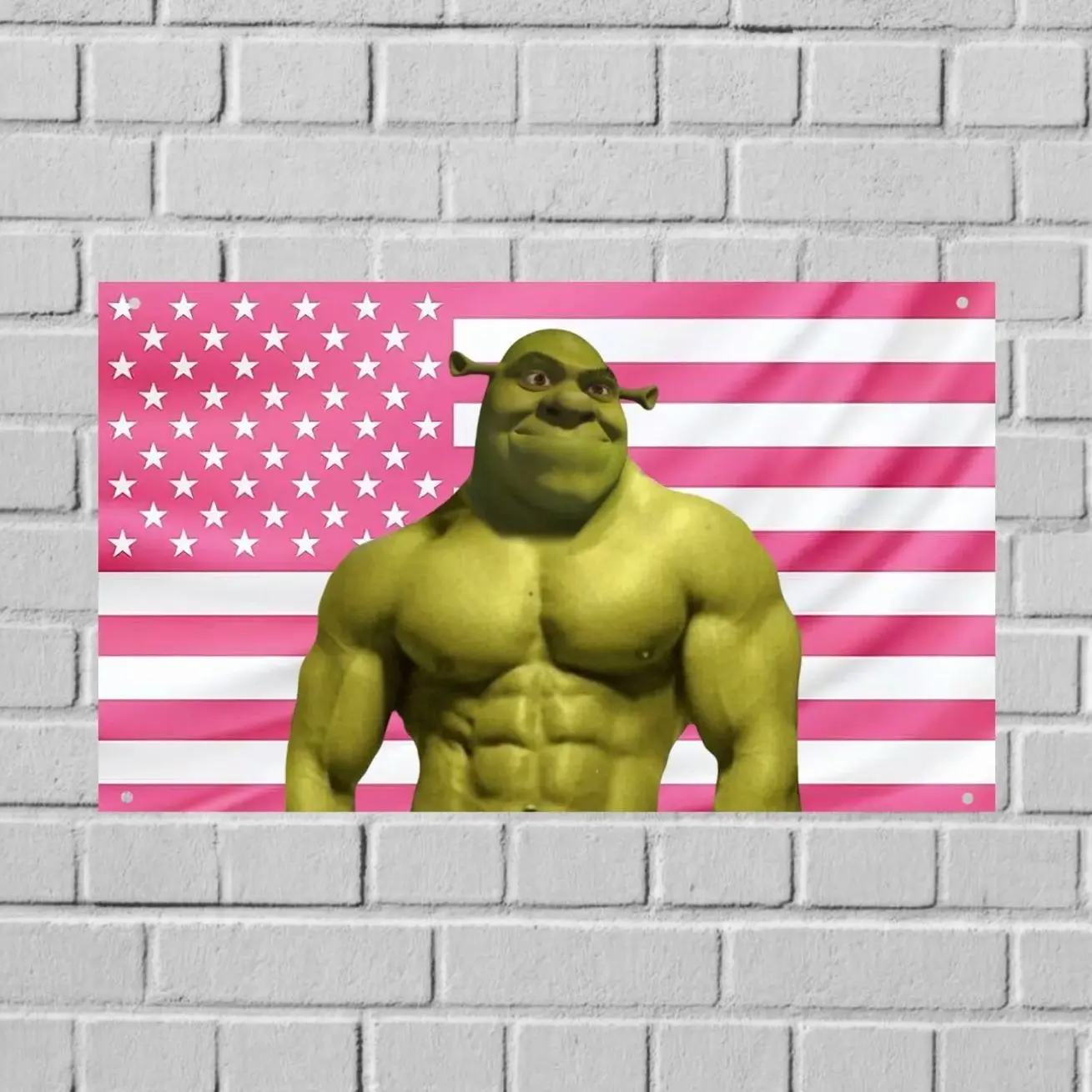 3 ops Buff Shrek Meme US Wall Tapestry Flag, Funny Meme Room Decor, Cartoon Bedroom Wall Art Dorm Banner