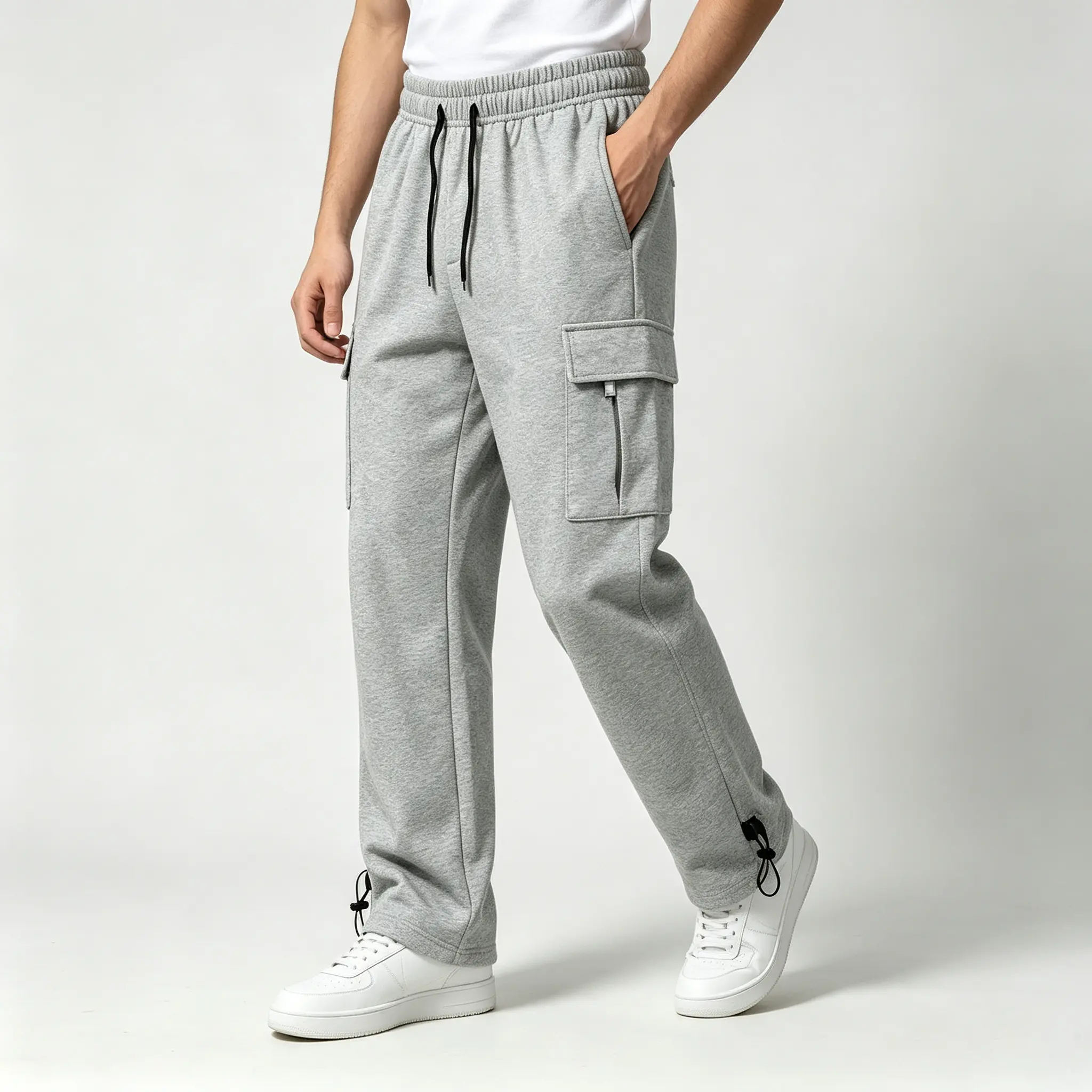 Men’s cargo sweatpants for spring/autumn with multiple pockets, elastic drawstring waist, wide straight-leg casual long pants, adjustable drawcords at the pant legs—trendy athletic cargo pants Loose Fit Jogger