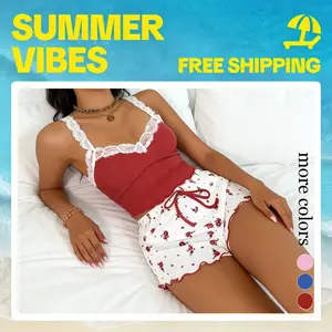TFNOSIZE Women's Cute Pajama Set | Sexy Lace Splice Tank Crop Top & Shorts with Small Bow | Comfortable, Casual, Simple, Breathable, Fitted Sleepwear | Party, Vacation, Y2K, Everyday, Valentine's Day Outfit, Fashion Apparel#Summervibes#TikTokShopStockUp