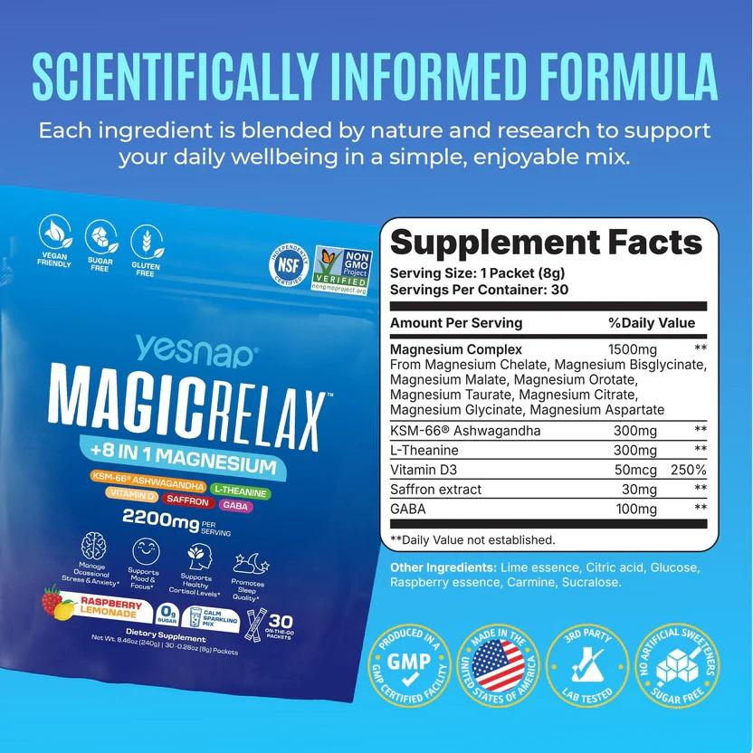 Yesnap MagicRelax 8-in-1 Magnesium Glute Booster, Magnesium KSM-66 Ashwagandha Saffron Vitamin D3 GABA L-Theanine Supports Cortisol Balance Mood Sleep No Sugar Non GMO Raspberry Lemonade Flavor - 30 Servings