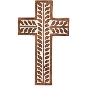 Mango Wood Religious Catholic Cross Wall Hanging Floral Carvings Living Room Home Décor for Entryway Office Living Room