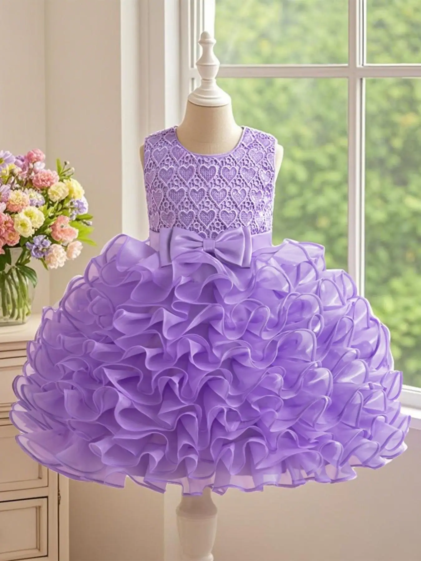 Girl's Lace Trim Ruffle Trim Tulle Sweater Dress, Elegant Bow Decor A Line Dress for Party Wedding Guest, Kids Clothes for Spring & Fall, Tulle Overla