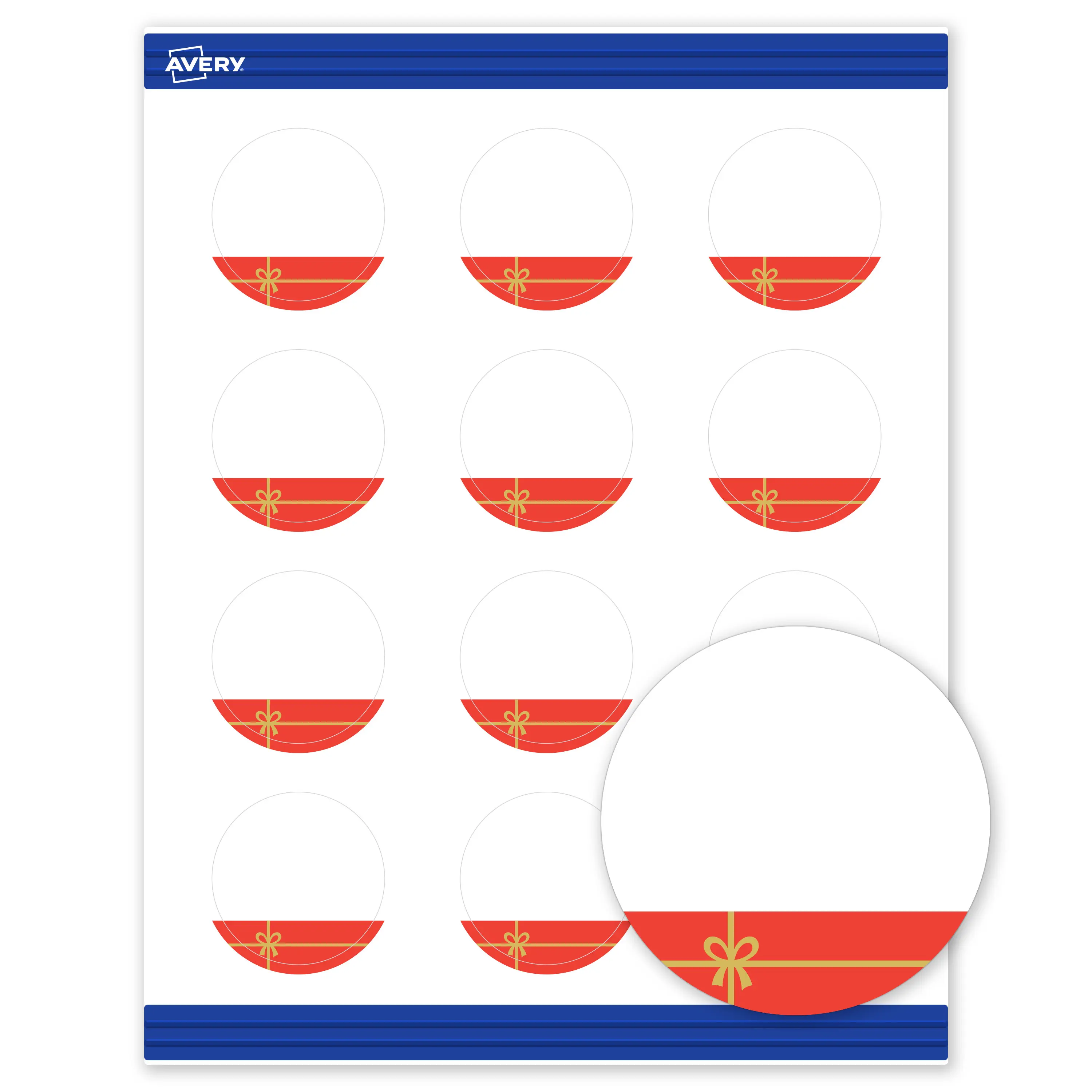 Avery® Printable Christmas Round Business Cards, 2" Diameter, Matte White, Pre-printed Red Gift/Metallic Gold Bow Design, Sure Feed® Technology, Laser & Inkjet Compatible, 240 Total