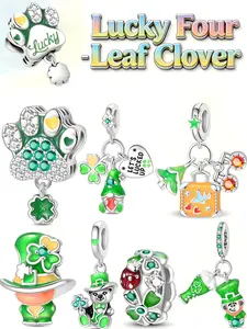 Lucky Four Leaf Clover Charms Plated 925 Sterling Silver, St. Patrick's Day Beads Fits Pandora Bracelet, Jewelry Gift