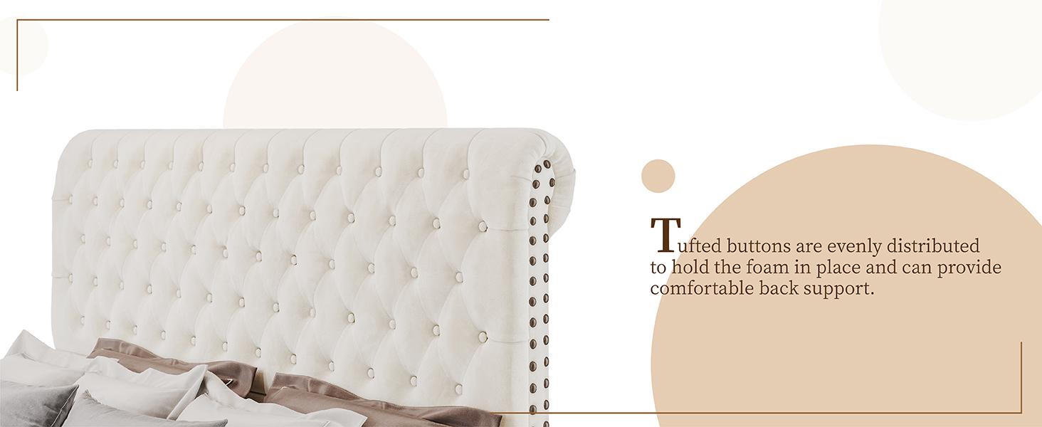 AMERLIFE 52.8" High Bed Frame with Sleigh Headboard, Modern Velvet Upholstered Platform Bed with Deep Button Tufted Headboard/Studded Trim, Queen/King Size/Unique Bedroom Furniture/Best Gift Ideas/Christmas Gifts