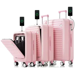 Luggage Set of 3,  USB Port,  front opening design Airline Certified Carry on Luggage with Cup Holder, ABS Hard Shell Luggage with Spinner Wheels