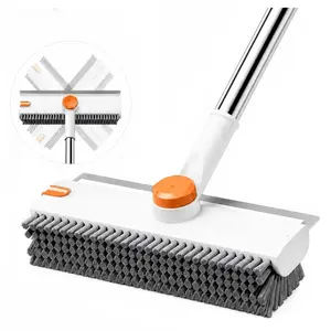 3-in-1 Adjustable Plastic Floor Scrub Brush with Stiff Bristles, Long Handle, Cleaning Scraper & Push Broom for Home Care