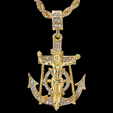 MaxBling81 Unisex Iced Out Faith Necklace - 24" Rope Drop, 2 1/4" x 1 1/4", Gold-Silver Metal Coating Alloy Base, Plated Shine, Jesus Design, Gold-Silver Flash, Hip Hop Costume Jewelry Accessory