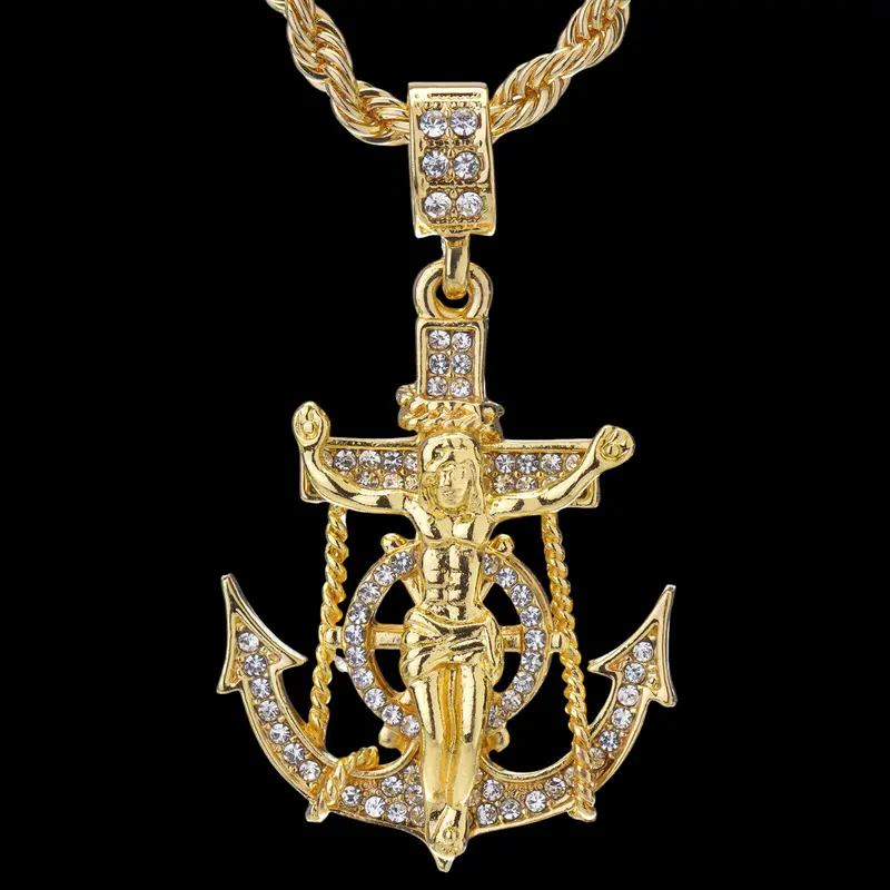MaxBling81 Unisex Iced Out Faith Necklace - 24" Rope Drop, 2 1/4" x 1 1/4", Gold-Silver Metal Coating Alloy Base, Plated Shine, Jesus Design, Gold-Silver Flash, Hip Hop Costume Jewelry Accessory
