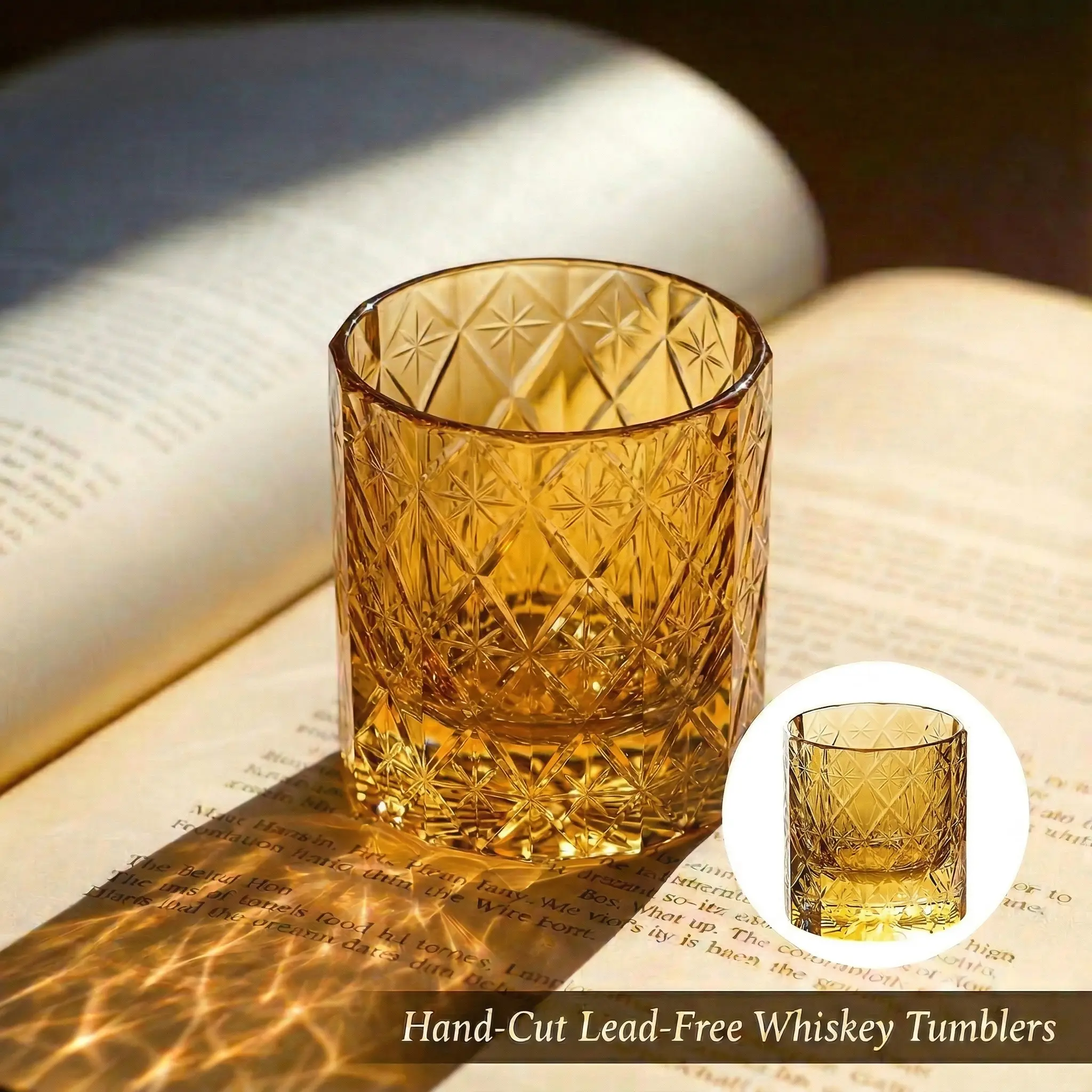 Amber Lead-Free Crystal Whiskey Glasses, Diamond Star Cut Embossed Rocks Tumbler 6.7oz Vintage Bourbon Scotch Glass, Premium Gift Box for Bar Home Decor Gift