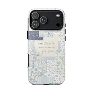 Blue Vintage Floral Patchwork Phone Case| Jesus Be Seen In Me Christian Faith Cover For iPhone 17 Pro Max 16 Plus 15 14 13 12 11 Air| Cottagecore Bird Magnolia Design| Gift for Her