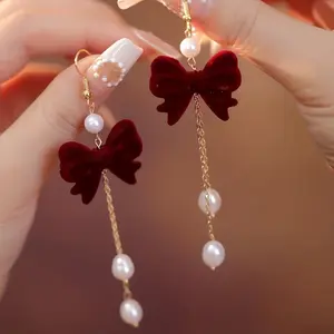 2pcs Elegant Red Velvet Bowknot Earrings | Fashion Imitation Pearl Tassel Pendant, Versatile for Daily Wear, Parties, Christmas, Celebrations, and New Year