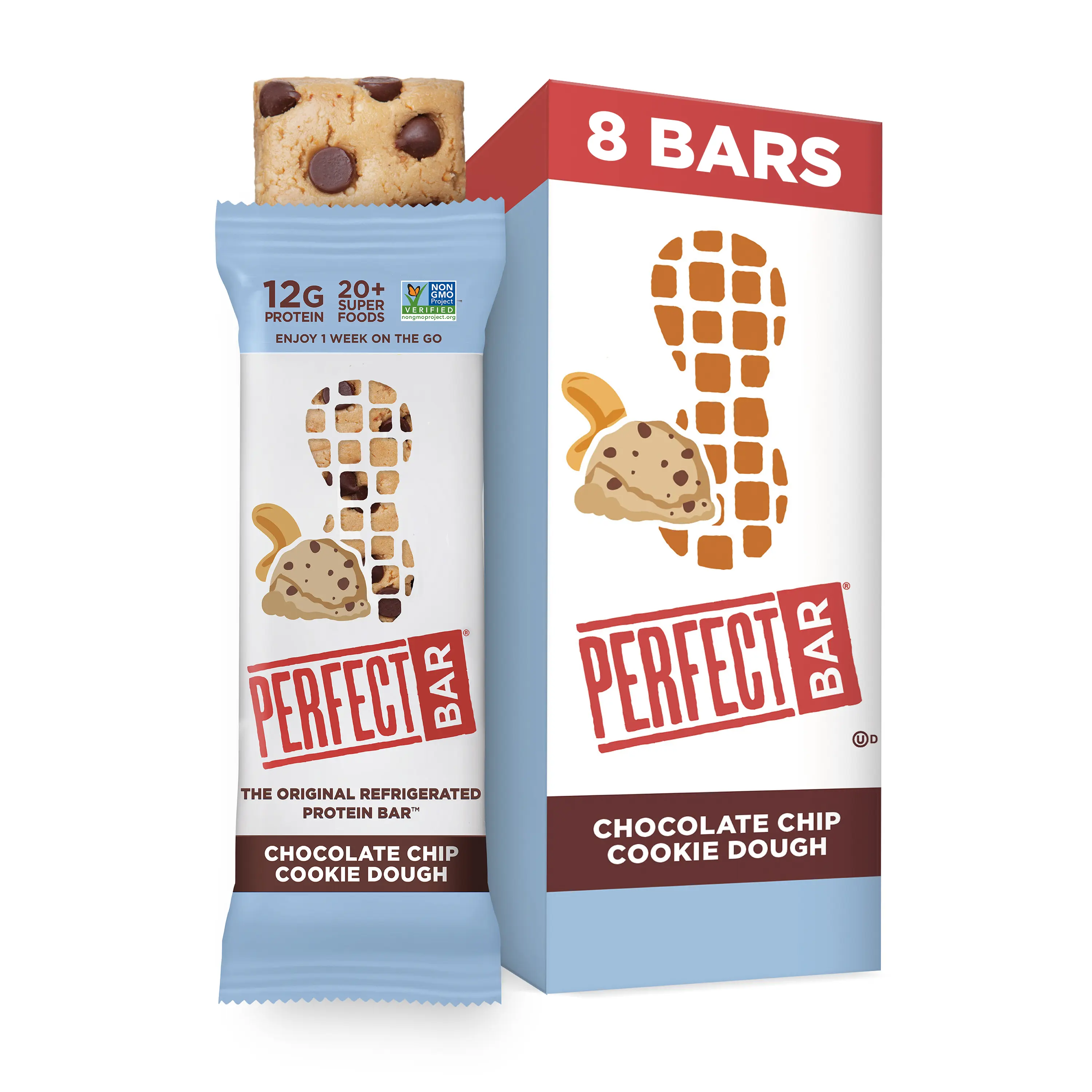 Perfect Bar Chocolate Chip Cookie Dough- Protein -Non-GMO - Organic Honey, No Sugar Alcohols - 2.2 Ounce Bar, 8 Count