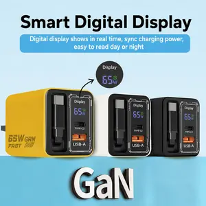 65W GaN Fast Charger with Smart Digital Display, Built-in Retractable Cable, Dual Ports USB-A & Type-C, Fast Charging Block for Mobile Phones