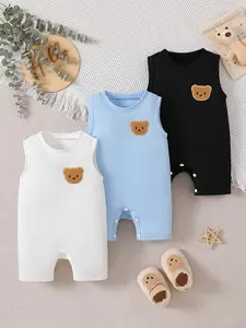 Boys' summer cute jumpsuit, cute and playful teddy bear casual style, three piece combination of baby boy's multi colored sleeveless jumpsuit, teddy bear sticker+crotch button, Valentine's Day gift, suitable for daily home, outdoor play, Baby Boy Clothes