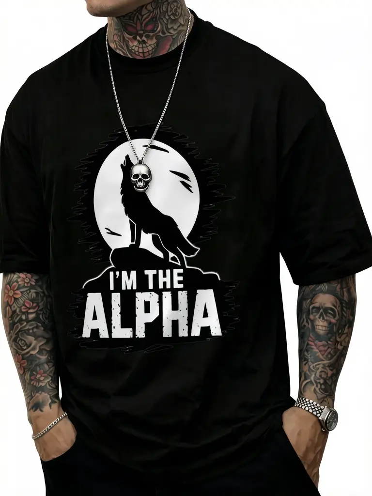 Comfortable Chic Men's T-Shirt " I'M THE ALPHA " Pattern, Crew Neck, Short Sleeve, All-season, Regular Fit, Dad Joke Tee, Father's Day Gift, Christmas Gift, Casual Holiday Wear, Everyday Basic Style
