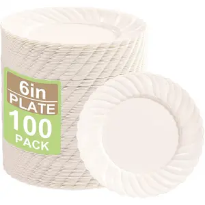100 Count 6 Inch Ivory Plastic Plates - Scalloped Dessert Plates Disposable - Premium Fancy Disposable Heavy Duty Party Supplies for Valentine's Day, Celebrations, Weddings and Eventsvalentine's day decor
