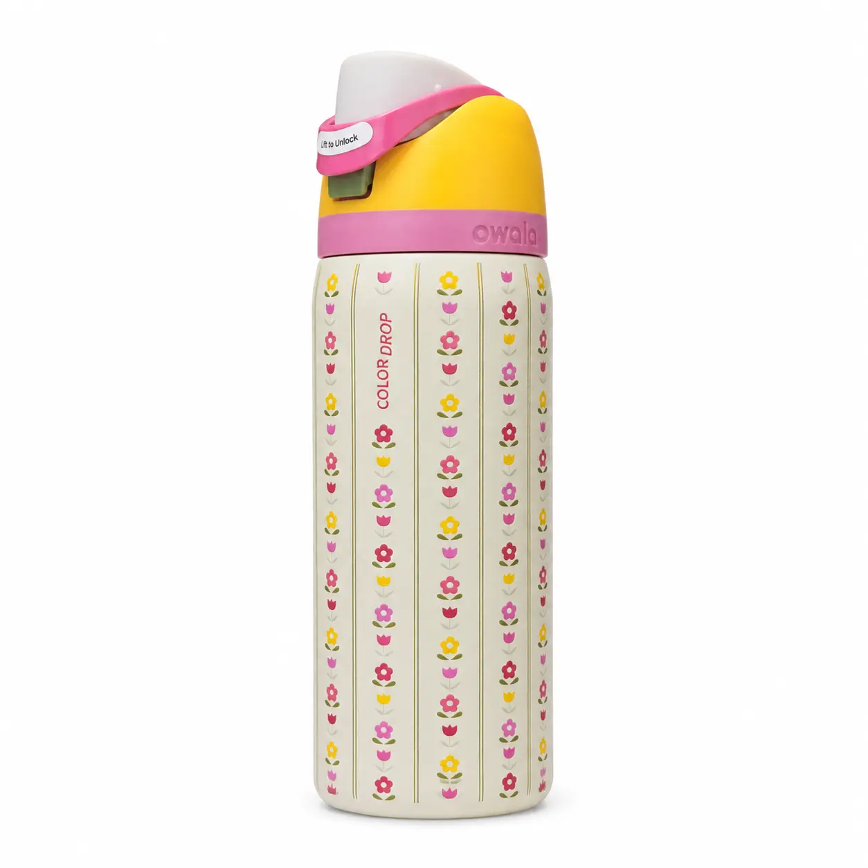 Owala 32oz FreeSip Color Drop Floral Stripe Water Bottle with Straw Lid, Cream Aesthetic Vacuum Insulated Stainless Steel Leak-Proof Travel Cup for Women, College, Office, Pilates, Car Rides and Cold Drinks