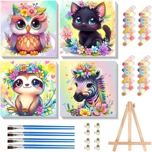4 Pack Paint by Numbers Kit for Kids with Frame & Wooden Easel, Animal Painting Kits for Kids Ages 4-12, Easy Owl Cat Sloth Zebra Acrylic Oil Painting for Home Wall Decoration 8x8 inch