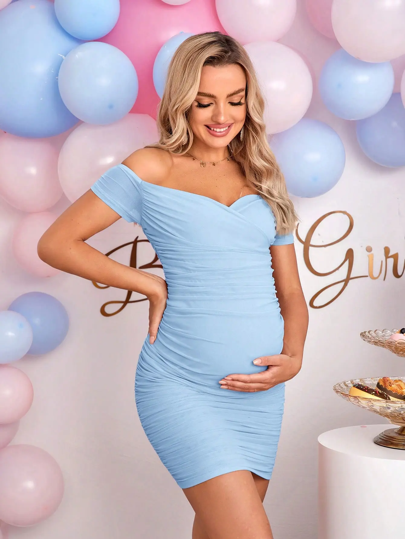 Gender Reveal Dress Maternity Off-Shoulder Ruched Bodycon Dress Baby Shower Dress