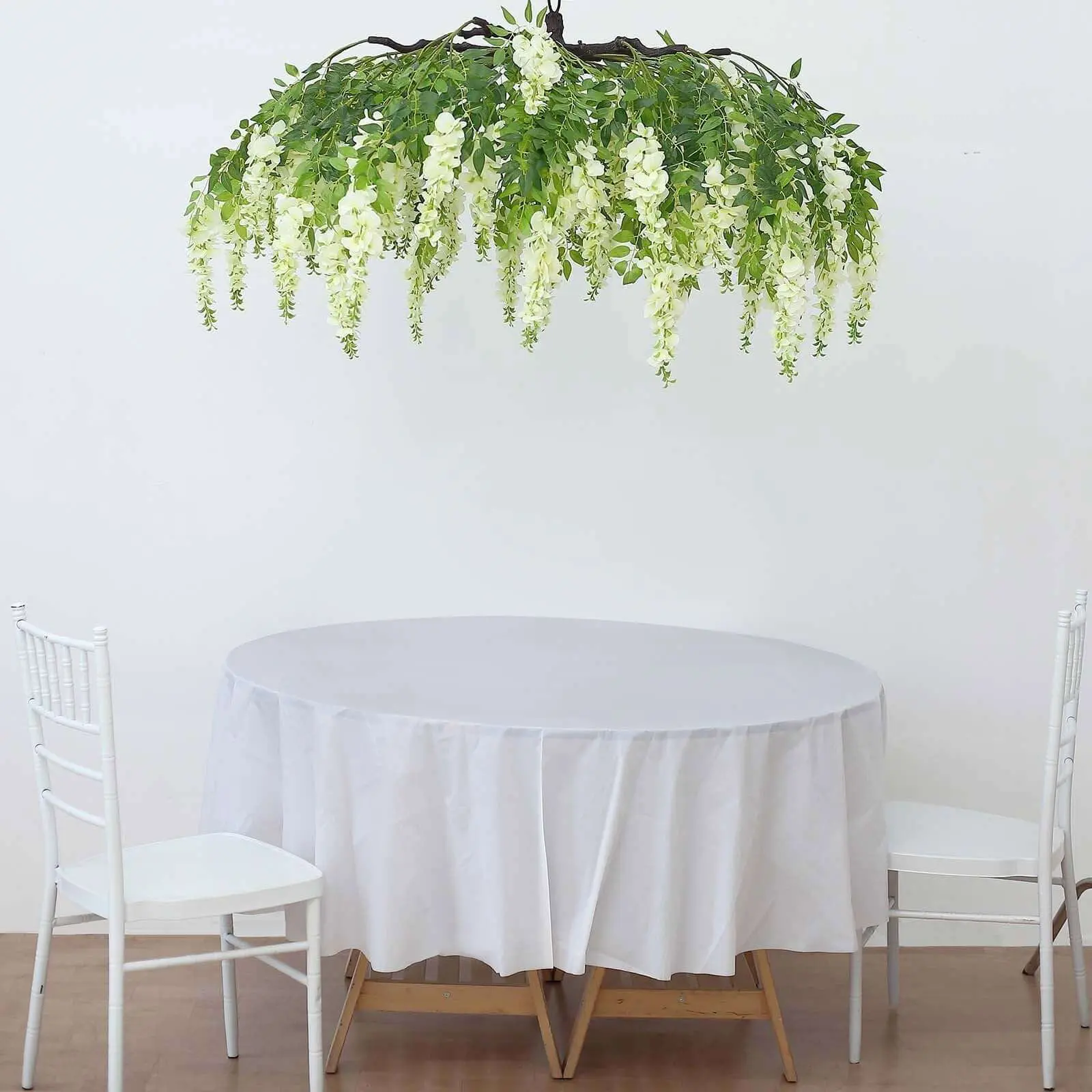 55" Cream Artificial Silk Wisteria Vine Flower Chandelier - Round Draping Garland Canopy with Interchangeable Branches, Decorative Artificial Flower Arrangements, Single Unit for Wedding Backdrop Floral Decor, Ornaments, Plastic Stem