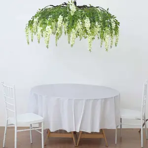 55" Cream Artificial Silk Hanging Wisteria Vine Flower Chandelier, Round Draping Garland Canopy With Interchangeable Branches