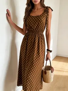 French Retro Brown Polka Dot Tie Shoulder Square Neck Smocked Waist Vacation, Summer, Vintage Coquette Maxi Dress